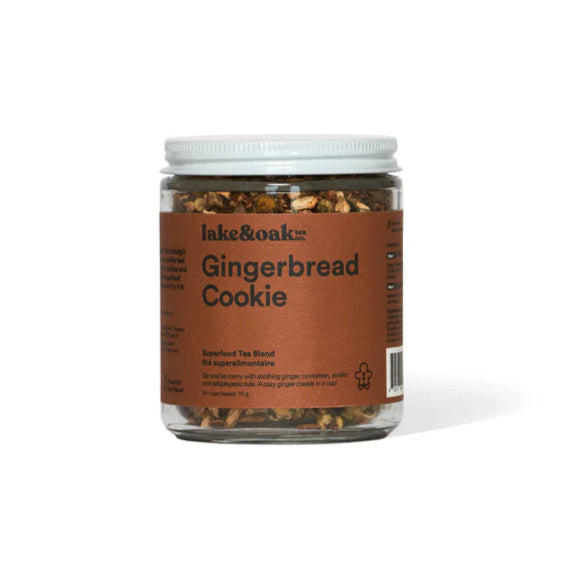 A glass jar of Lake and Oak 'Gingerbread Cookie' organic ginger tea blend with a brown label on a white background.