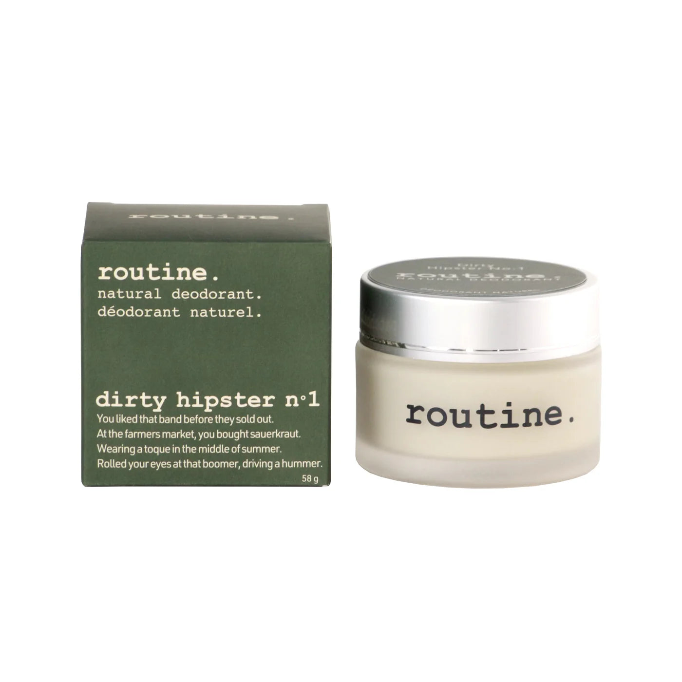 A jar of 'Routine Natural Deodorant - Dirty Hipster No.1' with a green label and a clear lid, next to its green packaging box.