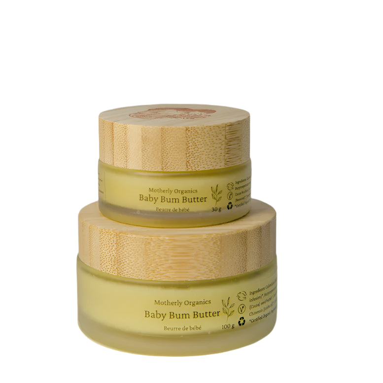 Two jars of Motherly Organics Baby Bum Butter on a light gray background.