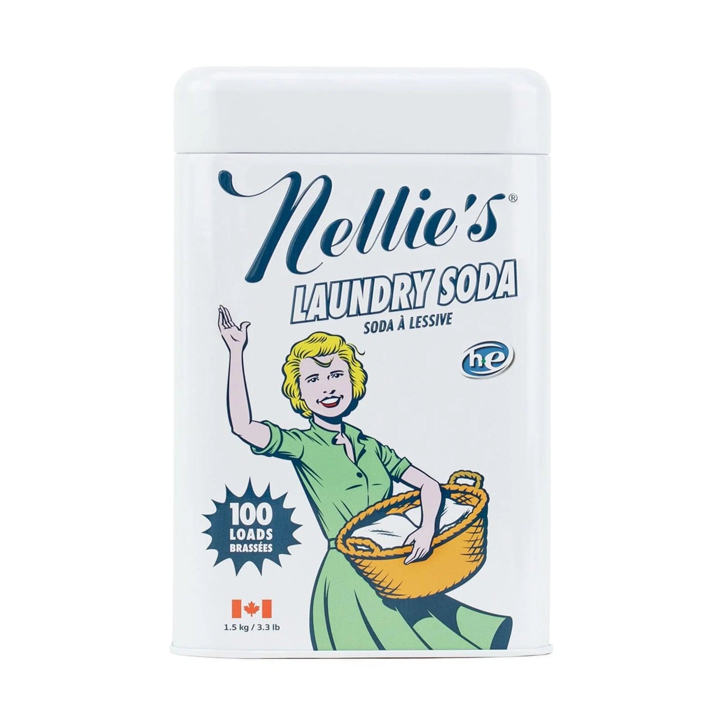 A tin container of Nellie's Laundry Soda with a graphic illustration of a woman on the front.