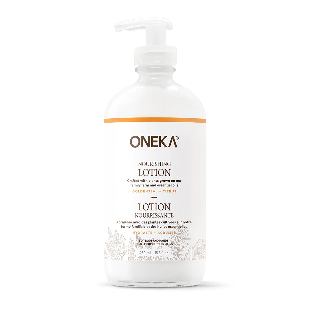 A pump bottle of Oneka Nourishing Lotion with Goldenseal & Citrus, detailing the organic ingredients and scents.