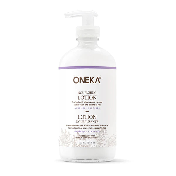 A pump bottle of Oneka Nourishing Lotion with Angelica & Lavender label, indicating it is a nourishing lotion for all skin types, family-owned, and vegan.