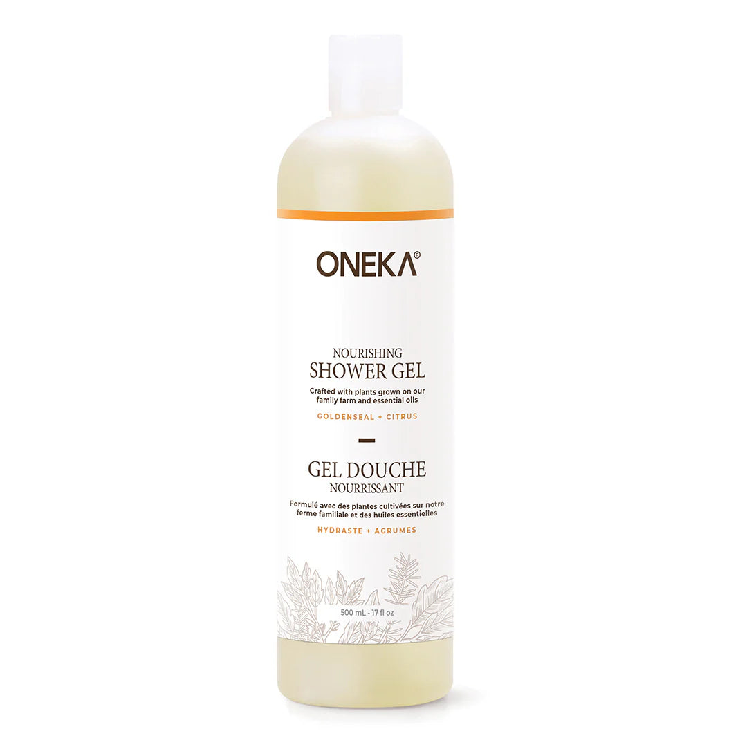 A BPA-free plastic bottle of Oneka Nourishing Shower Gel with Goldenseal & Citrus label, indicating it is a vegan product made with organic ingredients.