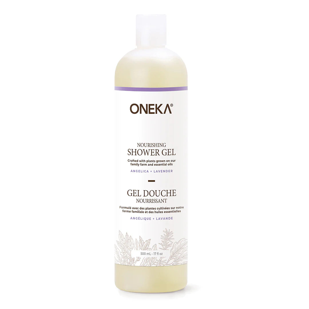 A BPA-free plastic bottle of Oneka Nourishing Shower Gel with Angelica & Lavender, with a label that indicates this product is plant-based and organic.