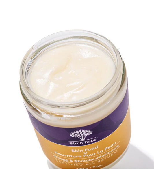 An image of the Birch Babe Skin Food without the lid to show the creamy consistency of this nourishing product.