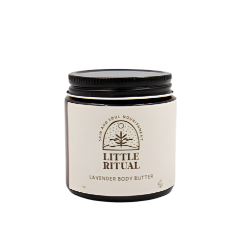 A jar of Little Ritual Lavender Body Butter with a label that includes the product name and 'Little Ritual' written below a graphic of a tree and leaves.