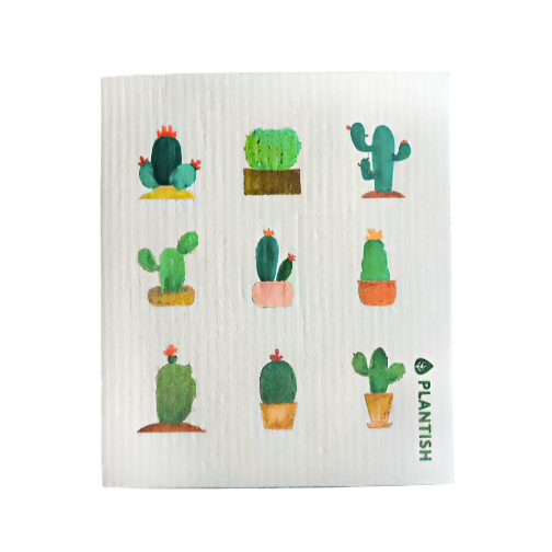 A white Plantish Swedish Dish Cloth with various cactus designs on it.