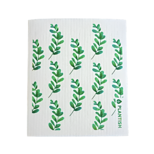 A white Swedish sponge cloth with a green minimalist line design of eucalyptus leaves.