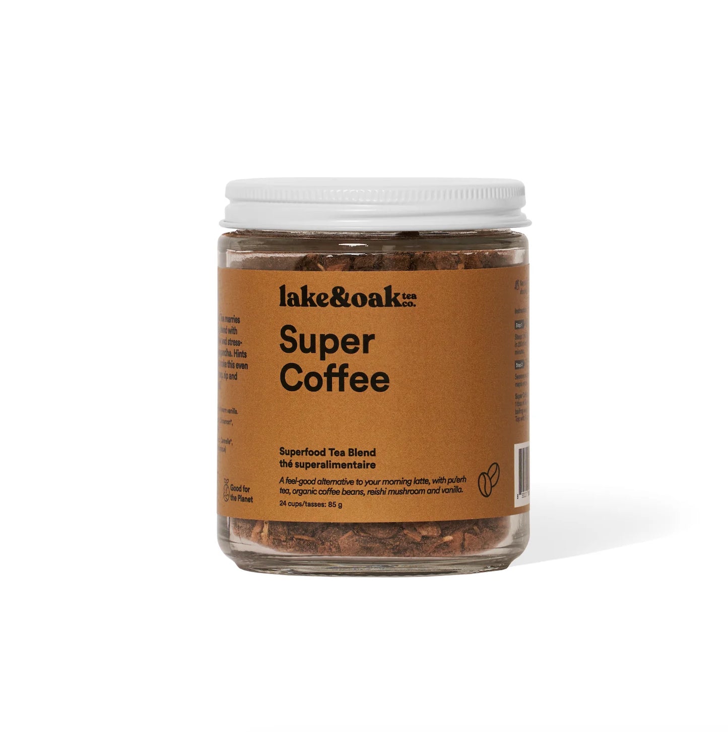 A glass jar containing Lake & Oak Super Coffee tea blend with a brown label on a white background.