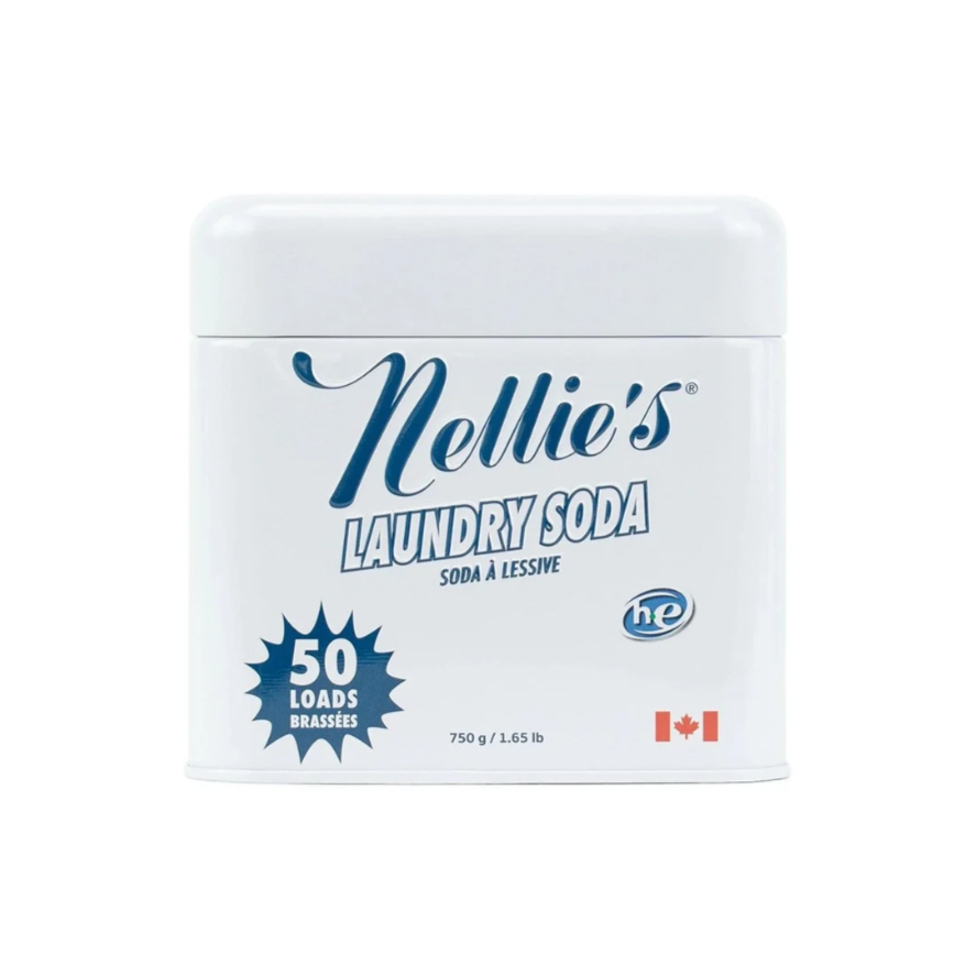 A white tin container with a blue label that reads 'Nellie's Laundry Soda', indicating it is good for 50 loads and has a weight of 750g.