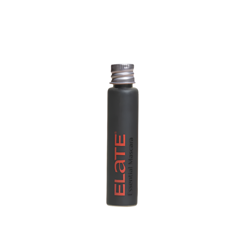 A frosted glass tube labelled Elate Cosmetics Essential Mascara Refill' with an aluminum cap. It is in the colour Onyx (black).