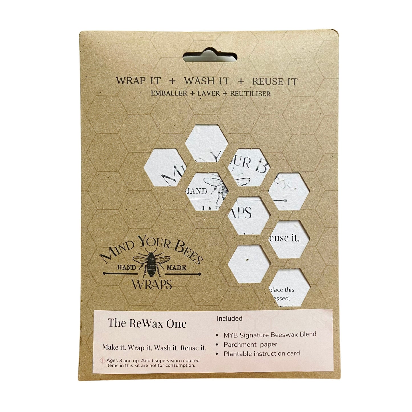 Packaging of Mind Your Bees ReWax Kit, featuring a cutout geometric honeycomb pattern, with text detailing the product contents and instructions.