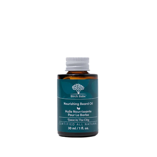 A bottle of Birch Babe Nourishing Beard Oil featuring the low waste aluminum cap on a white background.
