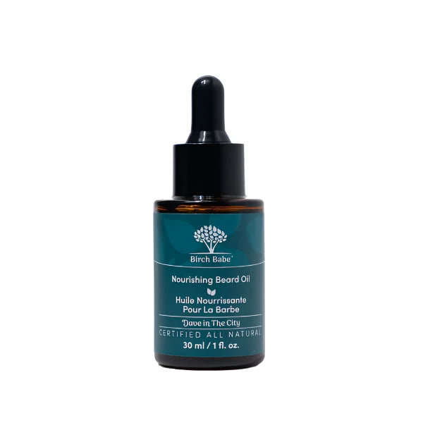 A bottle of Birch Babe Nourishing Beard Oil with a dropper cap, labeled 'Dave in the City', against a white background.