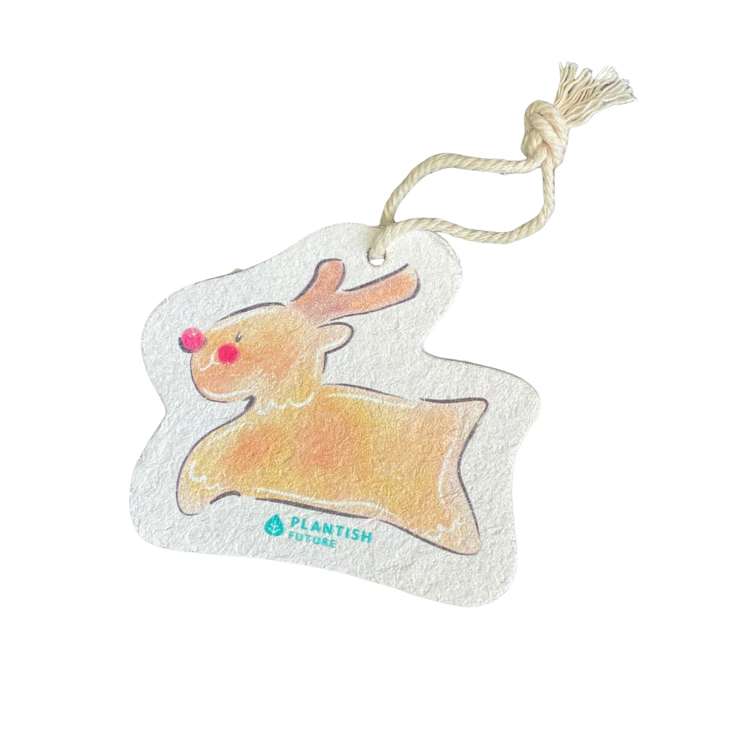Plantish pop-up sponge with a reindeer design. There is a string attached.