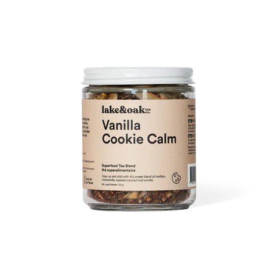 Jar of 'Vanilla Cookie Calm' tea blend with a visible brand label on a white background