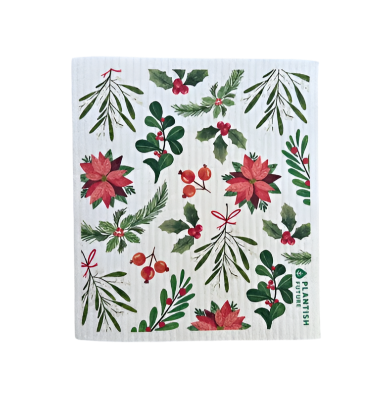 Holiday-themed Plantish Swedish Dish Cloth featuring assorted festive greenery and red flowers.
