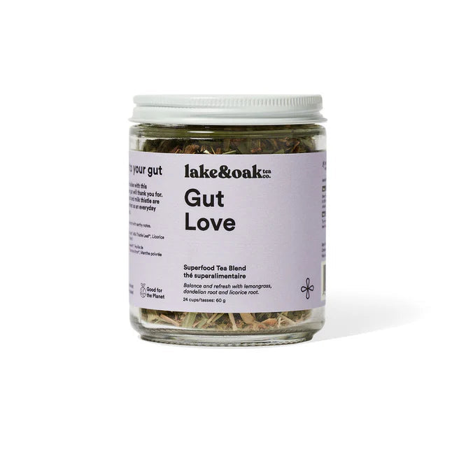Jar of 'Gut Love' tea blend with a label on a white background