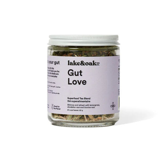 Jar of 'Gut Love' tea blend with a label on a white background