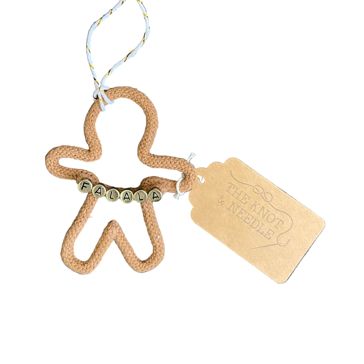 Decorative gingerbread person ornament with 'falala' beads.