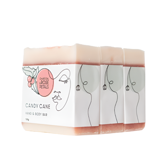 Charcoal & Rose Petals Holiday Bar Soap - Candy Cane