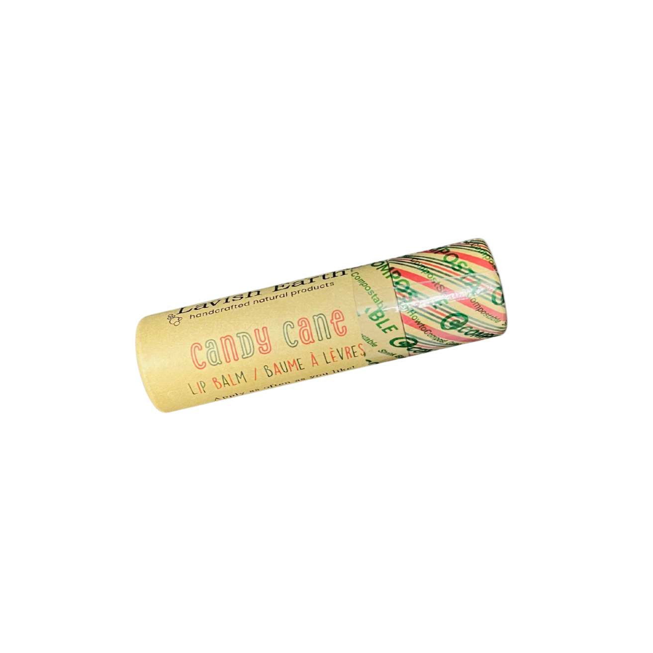 Lip balm in candy cane packaging on a white background