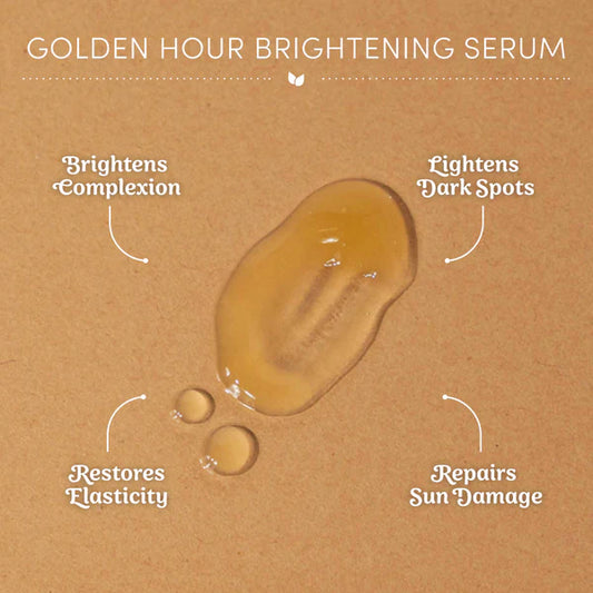 An image listing the benefits of the Birch Babe Golden Hour Brightening Vitamin C Serum.  These headings include: brightens complexion, lightens dark spots, restores elasticity, and repairs sun damage.