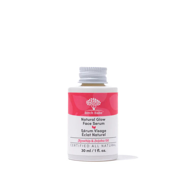 A bottle of the Birch Babe Natural Glow Face Serum with the low waste lid packaging option.